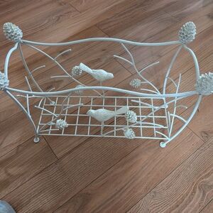 Decorative Off White Metal Basket with Bird/Pine Cones Design